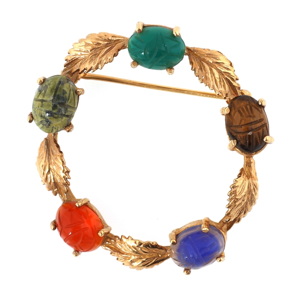 14K YELLOW GOLD MULTI STONE SCARAB CIRCLE BROOCH PIN