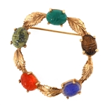 14K YELLOW GOLD MULTI STONE SCARAB CIRCLE BROOCH PIN