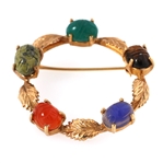 14K YELLOW GOLD MULTI STONE SCARAB CIRCLE BROOCH PIN