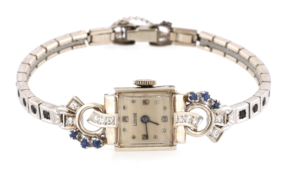 14K WHITE GOLD LOUISE DIAMOND & SAPPHIRE WRIST WATCH