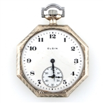 MENS ELGIN 14K WHITE GOLD OCTAGONAL CASE POCKET WATCH