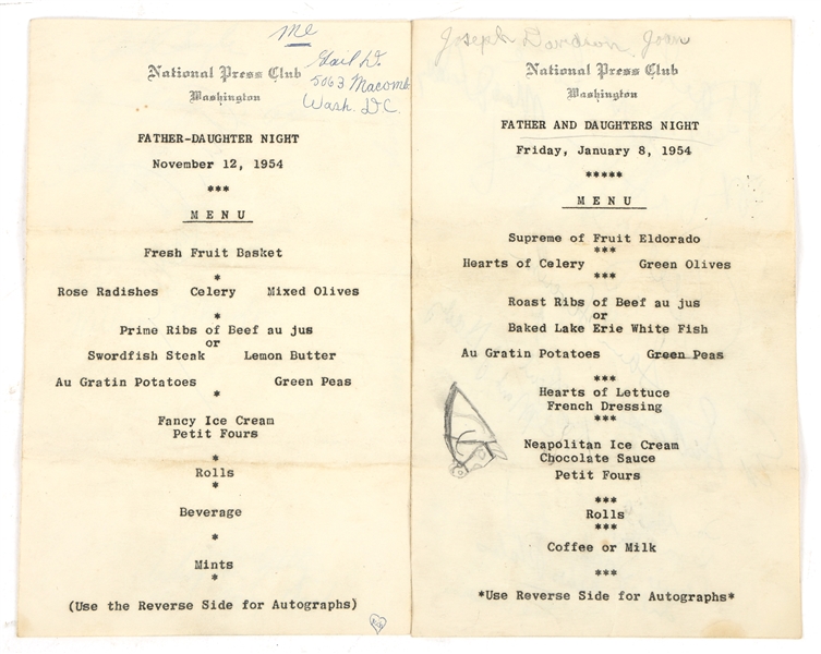 NATIONAL PRESS CLUB MENUS SIGNED NIXON, SULLIVAN & MORE