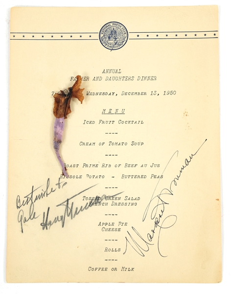 NATIONAL PRESS CLUB HARRY TRUMAN & DAUGHTER SIGNED MENU