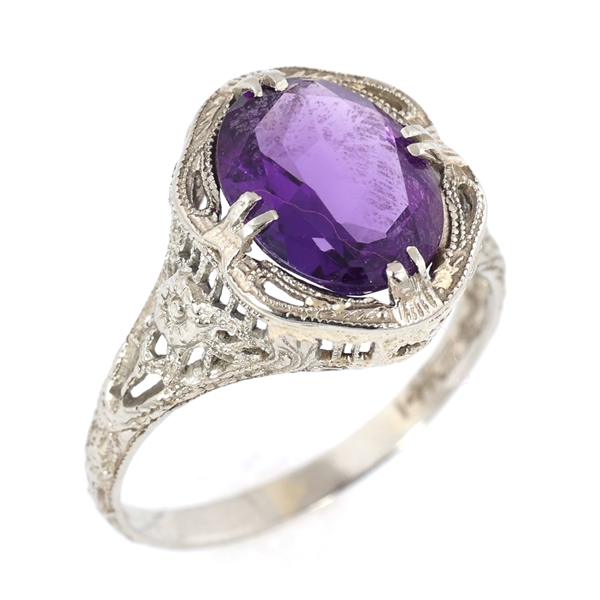 14K WHITE GOLD ART DECO STYLE AMETHYST RING