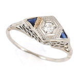 14K WHITE GOLD ART DECO DIAMOND & SAPPHIRE RING