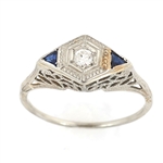 14K WHITE GOLD ART DECO DIAMOND & SAPPHIRE RING