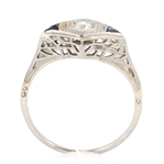 14K WHITE GOLD ART DECO DIAMOND & SAPPHIRE RING