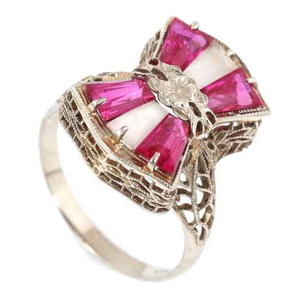 EDWARDIAN 14K WHITE GOLD RUBY & TOURMALINE RING