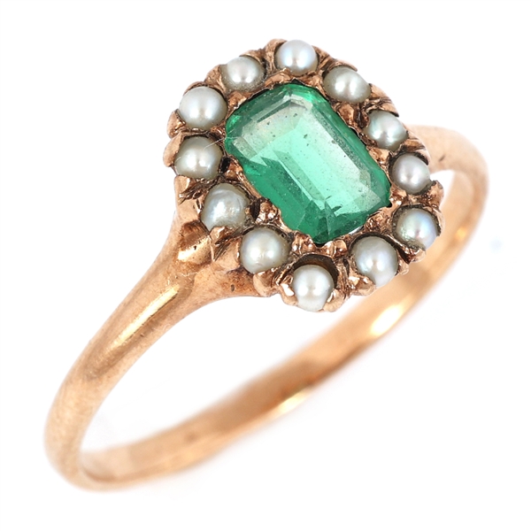 GEORGIAN 10K YELLOW GOLD EMERALD & SEED PEARL RING