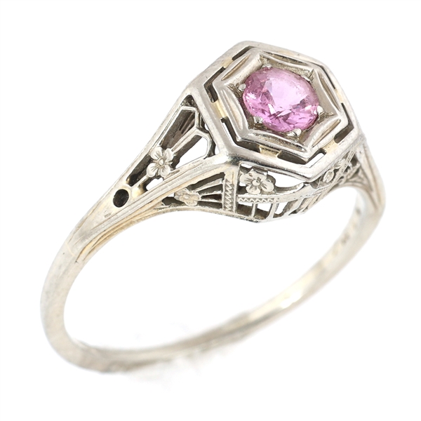ART DECO 14K WHITE GOLD PINK SAPPHIRE RING
