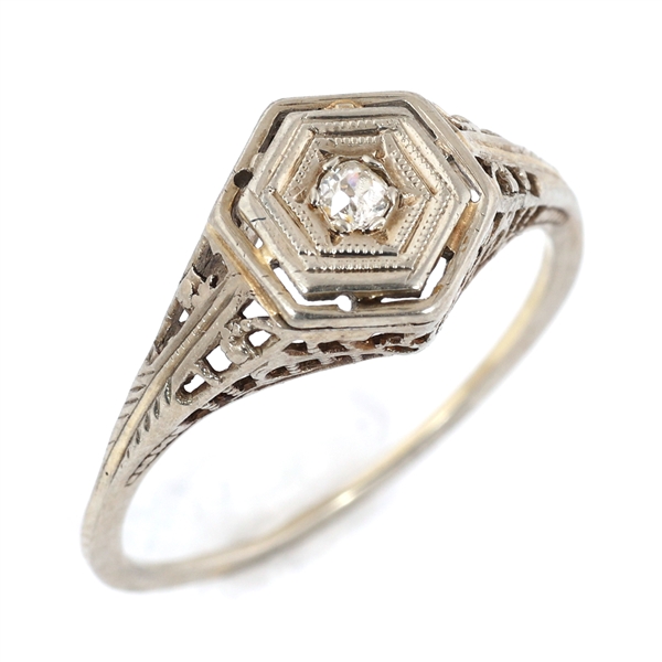 ART DECO 14K WHITE GOLD DIAMOND RING