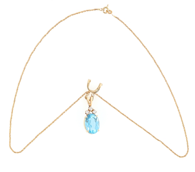 14K YELLOW GOLD BLUE TOPAZ & DIAMOND PENDANT WITH CHAIN