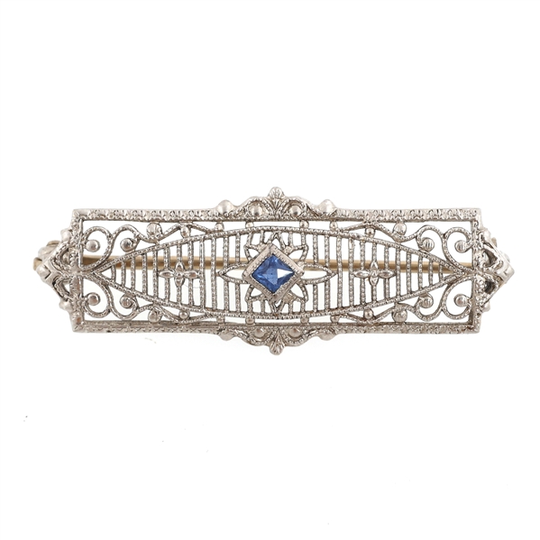 PLATINUM & 14K WHITE GOLD BLUE TOPAZ BROOCH PIN