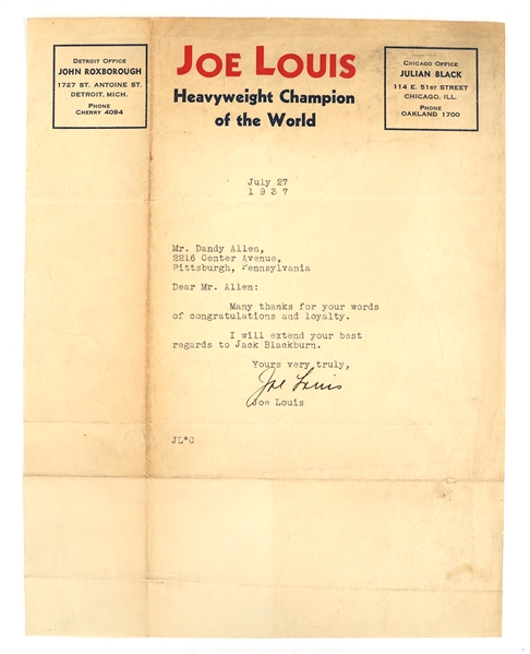 1937 JOE LOUIS "BROWN BOMBER" SIGNED LETTER