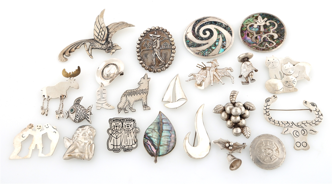 STERLING SILVER MEXICAN BROOCHES - TAXCO & UNSIGNED