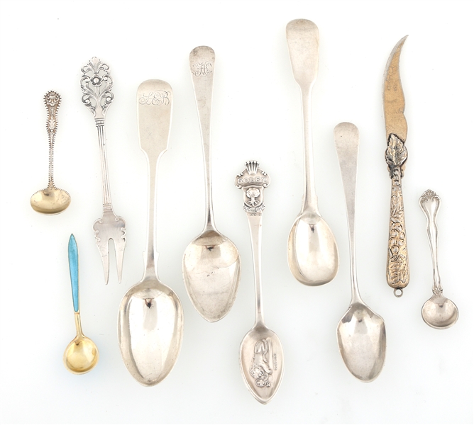 STERLING SILVER SPOONS, CHEESE KNIFE, & OLIVE FORK