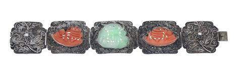 CHINESE FILIGREE SILVER CORAL & JADE BRACELET