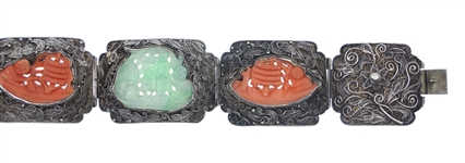 CHINESE FILIGREE SILVER CORAL & JADE BRACELET