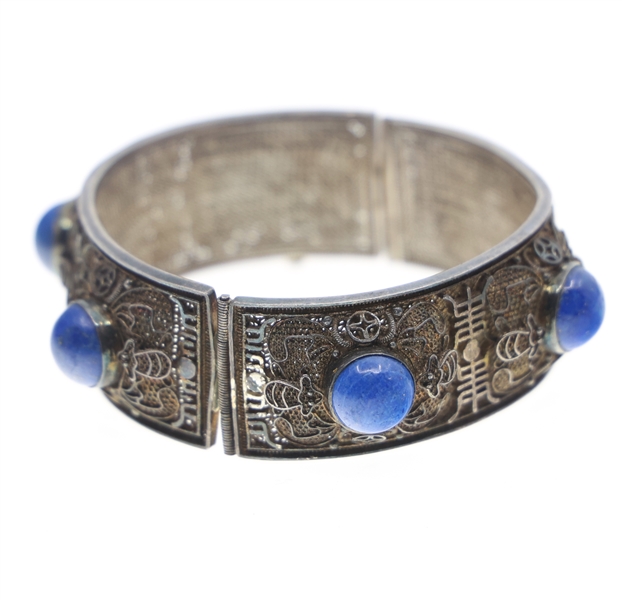 CHINESE FILIGREE SILVER LAPIS LAZULI CUFF BRACELET