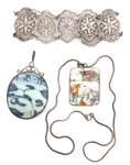 CHINESE PORCELAIN SILVER PENDANTS & FILIGREE BRACELET
