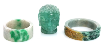 CHINESE JADE BANGLE BRACELETS & BUDDHA HEAD 