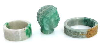 CHINESE JADE BANGLE BRACELETS & BUDDHA HEAD 