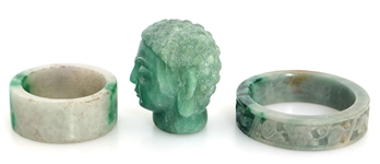 CHINESE JADE BANGLE BRACELETS & BUDDHA HEAD 