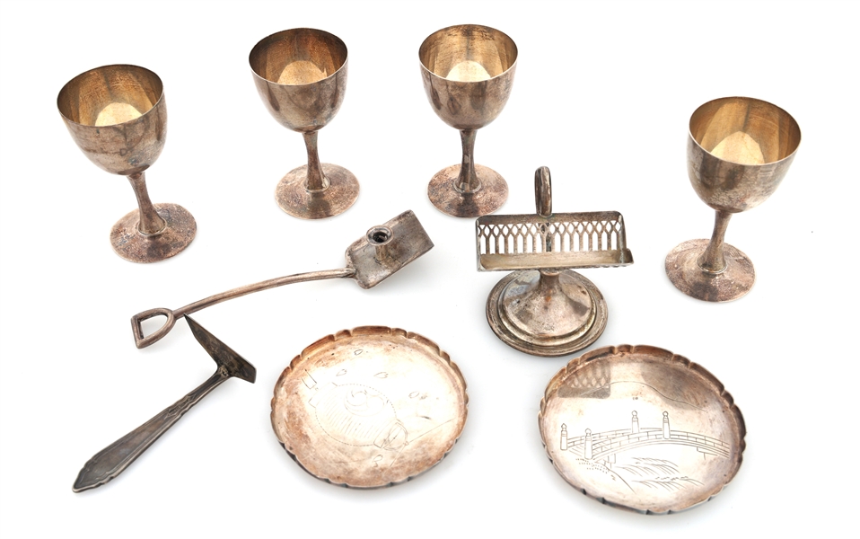 SILVER GOBLETS, TRAYS, CRUMB PUSHER & MORE