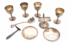 SILVER GOBLETS, TRAYS, CRUMB PUSHER & MORE