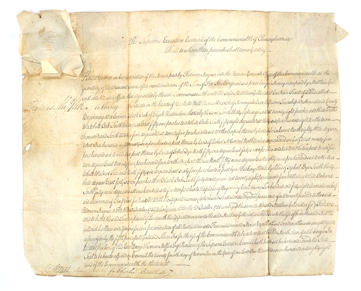 1788 THOMAS MIFFLIN LAND PATENT TO MATTHEW GILLCHRIST