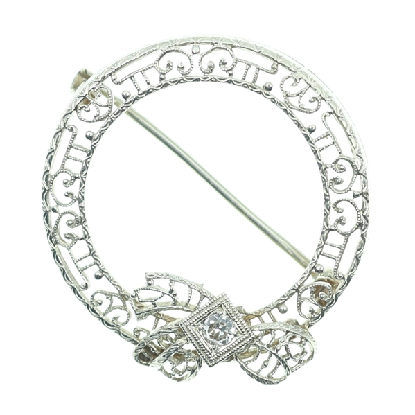 10K WHITE GOLD DIAMOND FILIGREE BROOCH PIN
