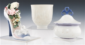 LLADRO PORCELAIN FIGURINES - SHOE, URN & COVERED BOX