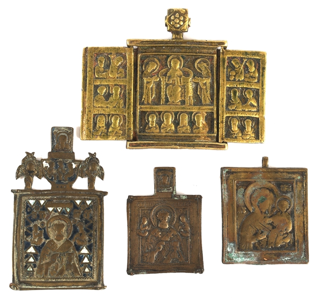 18/19th C. RUSSIAN ORTHODOX BRASS & ENAMEL ICONS