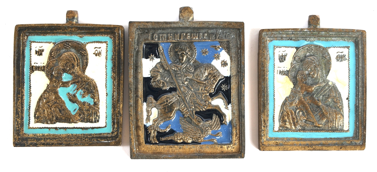 19th C. RUSSIAN ORTHODOX BRASS & ENAMEL ICONS