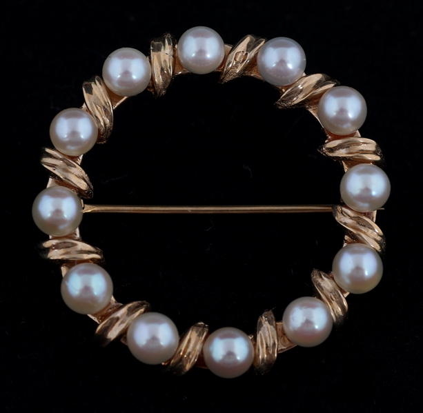 14K YELLOW GOLD PEARL WREATH BROOCH