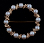 14K YELLOW GOLD PEARL WREATH BROOCH