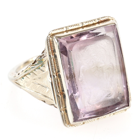 14K WHITE GOLD AMETHYST INTAGLIO RING 