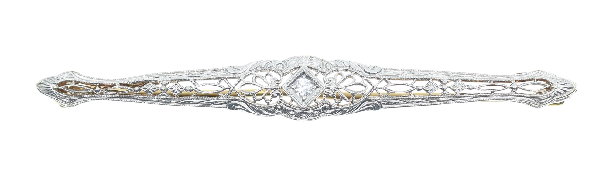 ART DECO 14K WHITE GOLD DIAMOND FILIGREE BROOCH PIN