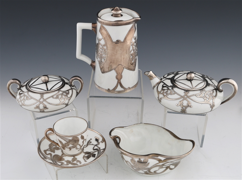 ART NOUVEAU PORCELAIN SILVER OVERLAY TEA SERVICE