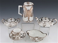 ART NOUVEAU PORCELAIN SILVER OVERLAY TEA SERVICE