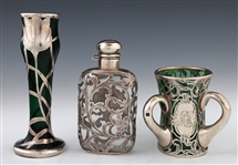 ART NOUVEAU GLASS STERLING OVERLAY BOTTLES & VASE