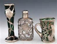 ART NOUVEAU GLASS STERLING OVERLAY BOTTLES & VASE