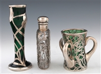 ART NOUVEAU GLASS STERLING OVERLAY BOTTLES & VASE