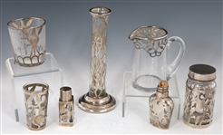 GLASS & STERLING SILVER OVERLAY VASE, CUPS, & BOTTLES