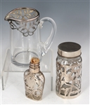 GLASS & STERLING SILVER OVERLAY VASE, CUPS, & BOTTLES