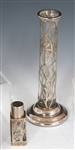 GLASS & STERLING SILVER OVERLAY VASE, CUPS, & BOTTLES