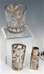 GLASS & STERLING SILVER OVERLAY VASE, CUPS, & BOTTLES
