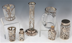 GLASS & STERLING SILVER OVERLAY VASE, CUPS, & BOTTLES