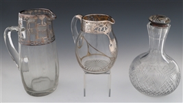 GLASS STERLING SILVER OVERLAY PITCHERS & DECANTER