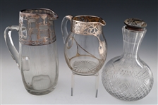 GLASS STERLING SILVER OVERLAY PITCHERS & DECANTER